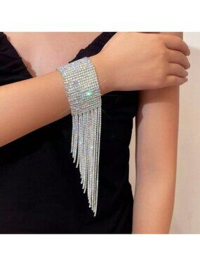 Glam Silver Crystal Tassel Bracelet – 11" Statement Fringe Cuff for Women
